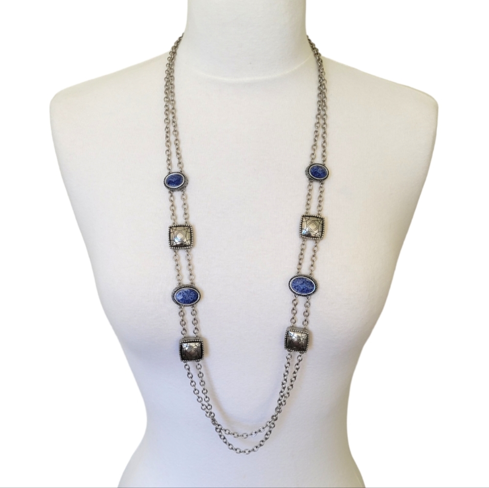 Vintage Napier Southwestern Silvertone & Faux Sodalite Station Necklace 36"